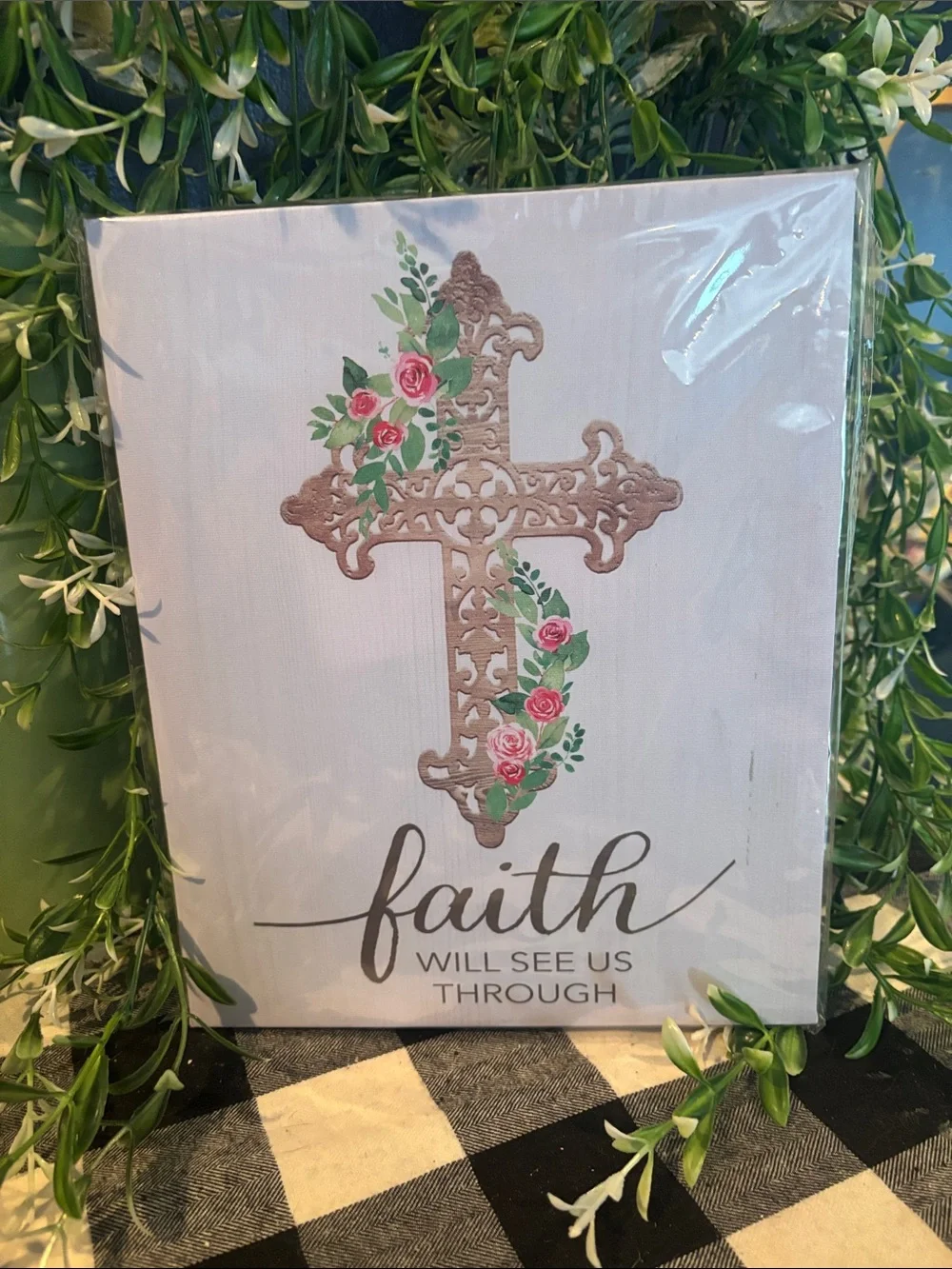 Faith Wall Art with Floral Cross - White and Pink